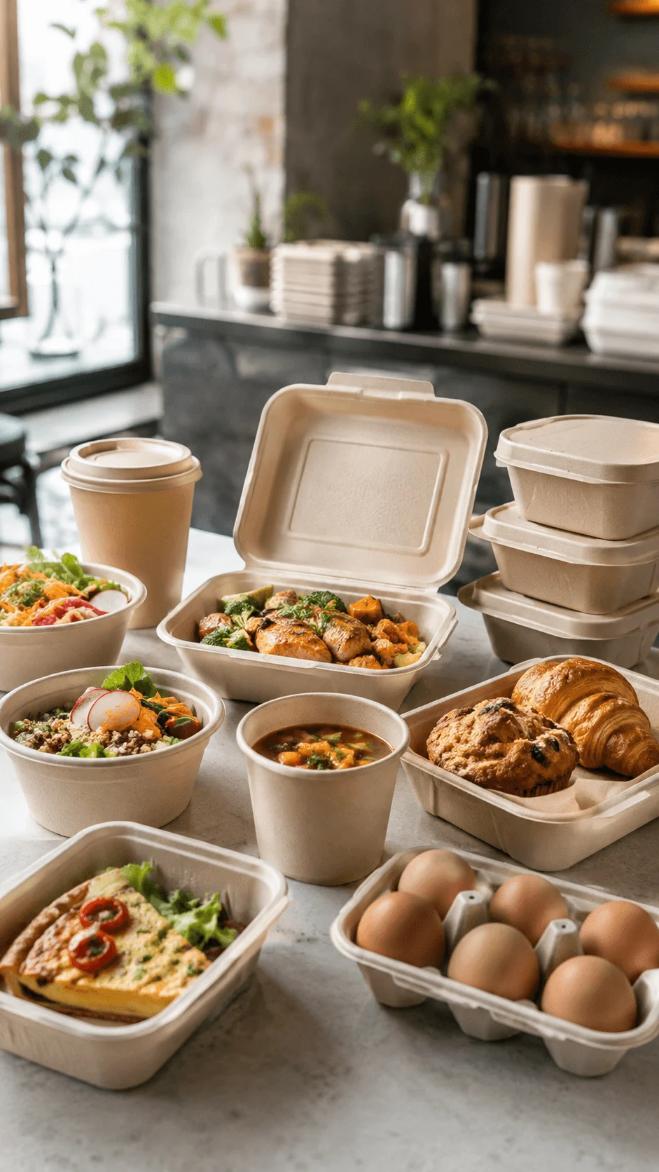 Compostable molded fiber food containers with takeaway boxes bowls cups trays and egg packaging in a restaurant setting