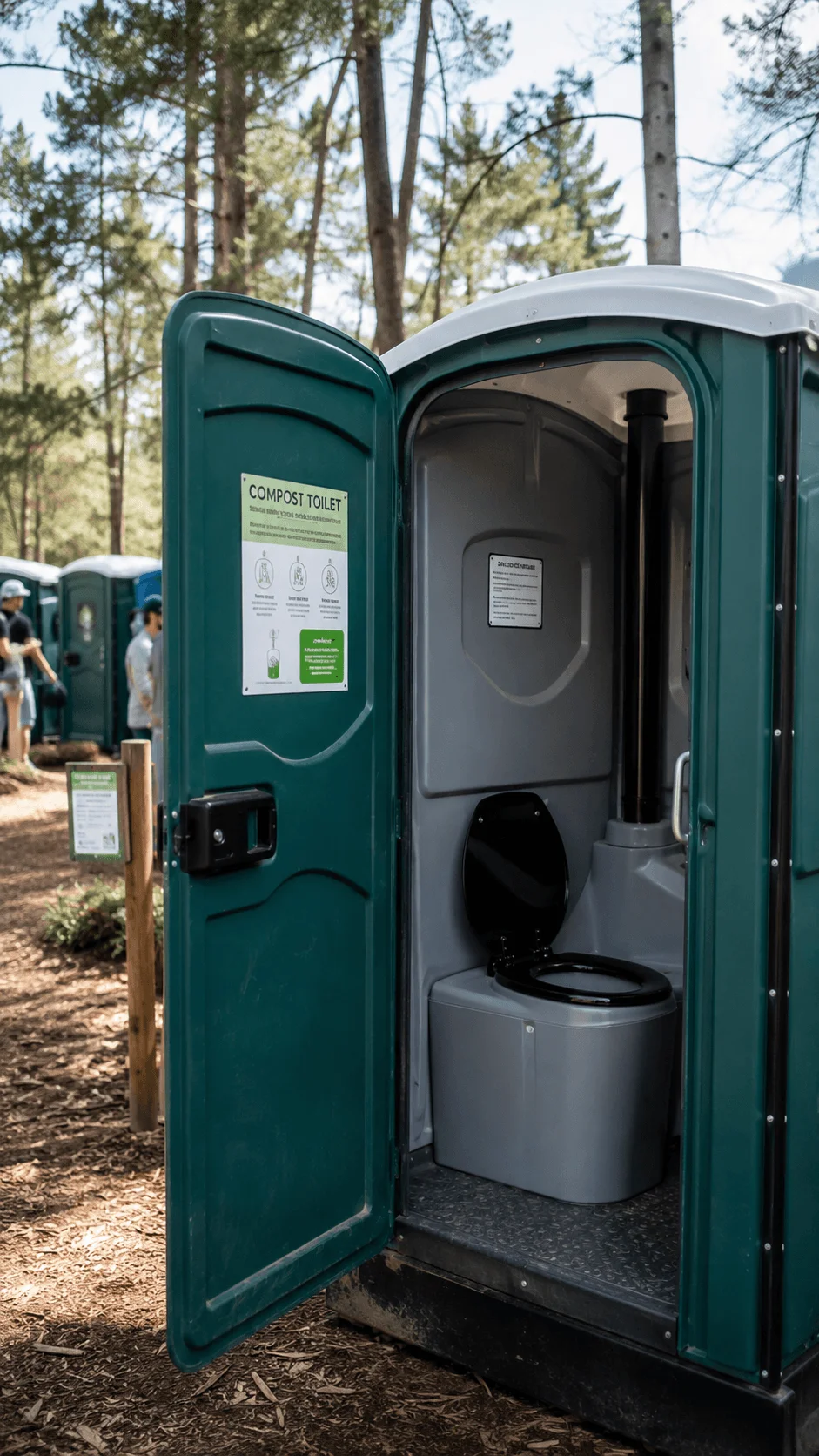 Composting toilet at an outdoor festival providing a sustainable sanitation option in a wooded event setting