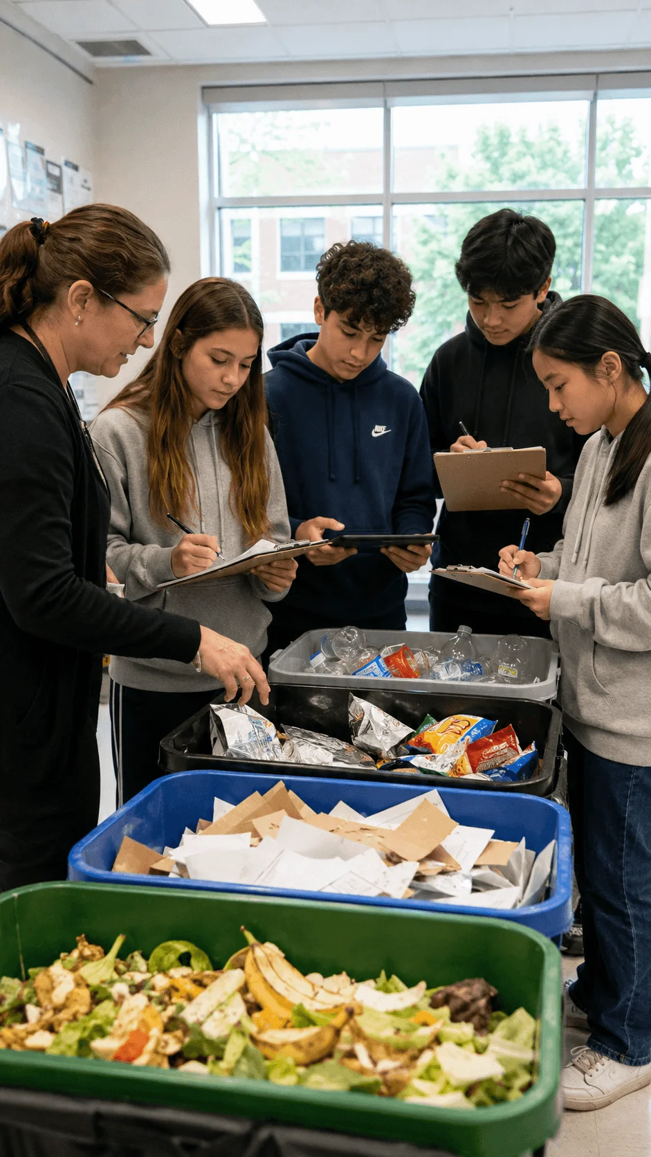Students conducting a school waste audit by sorting food waste paper plastic and packaging into separate bins while recording observations