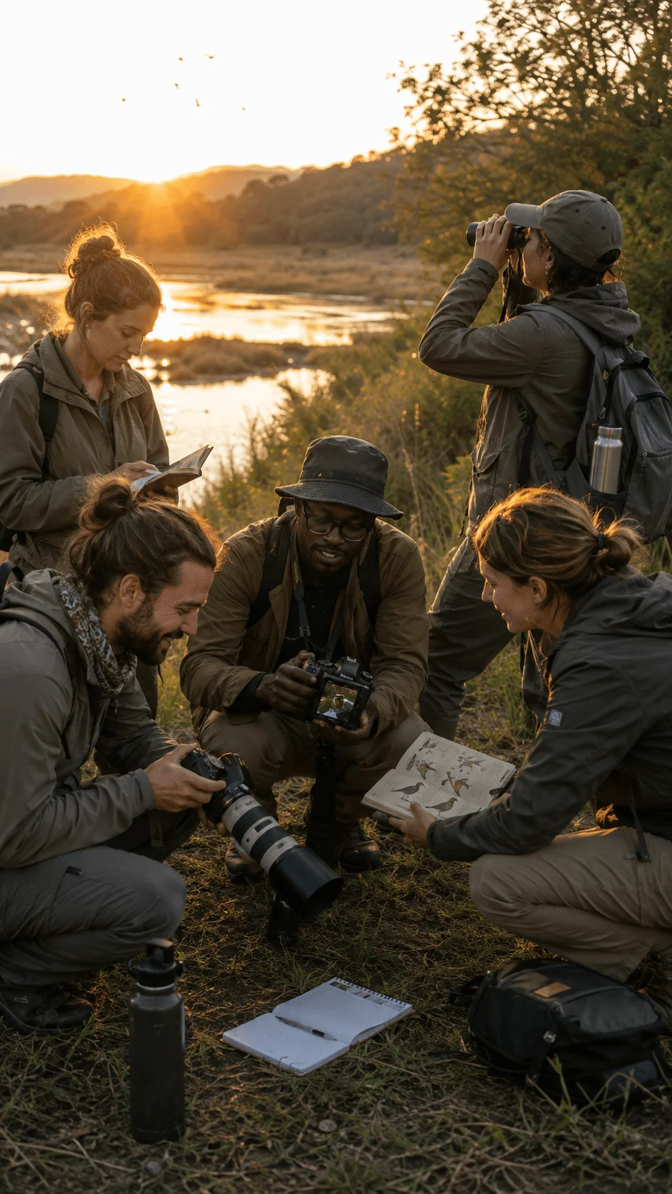 Conservation photographers working together outdoors with cameras and field notebooks while documenting wildlife and nature in a sustainable environment