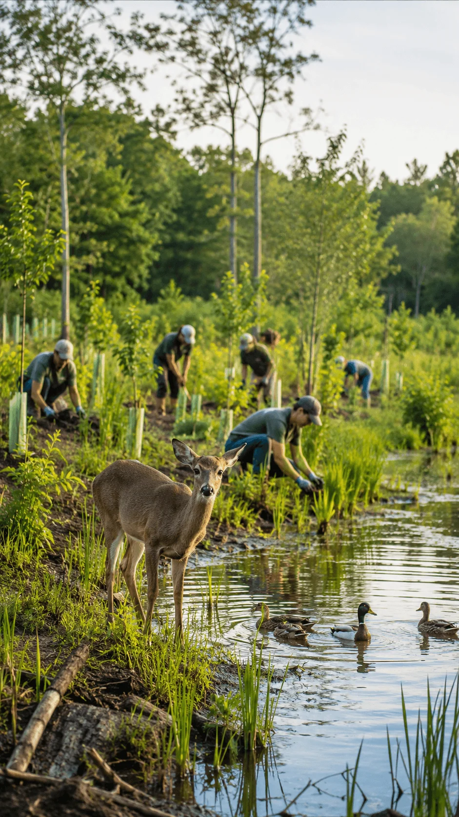 Conservation photography showing volunteers restoring a natural habitat with young trees wildlife and a peaceful pond ecosystem