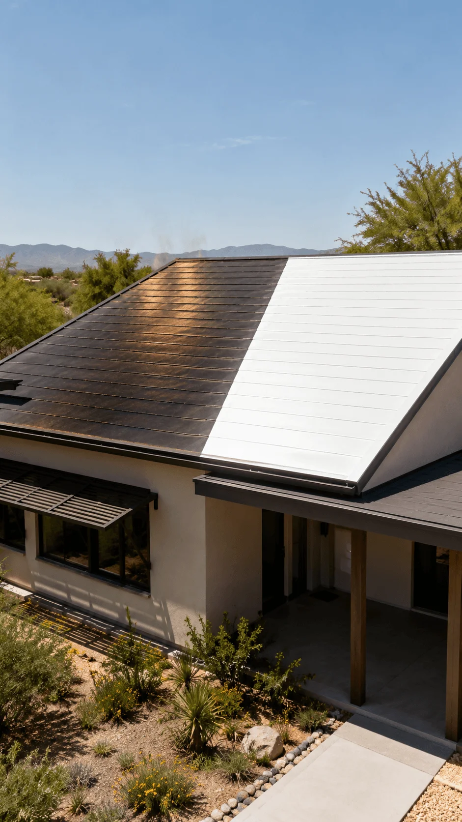 Cool roof with reflective surfaces on an eco friendly house designed to reduce heat absorption and improve energy efficiency