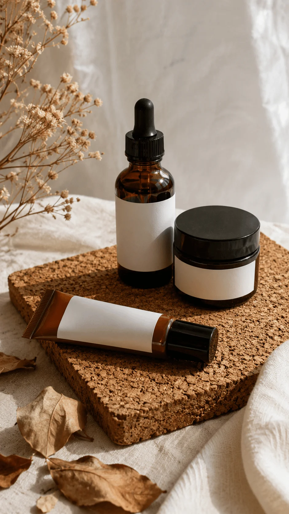 Cork photography styling board with amber glass skincare bottles, cream cosmetic jar, dried flowers, natural fabric, and fallen leaves in warm sunlight
