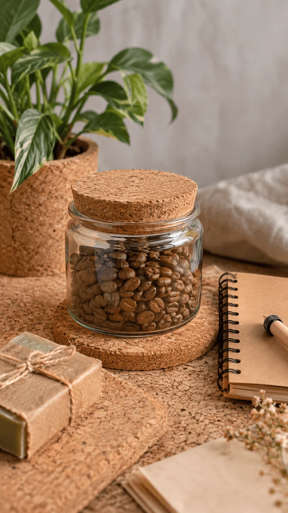 Cork props with a glass jar of coffee beans, cork surfaces, a potted plant, natural soap, notebook, and warm earthy styling for sustainable photography