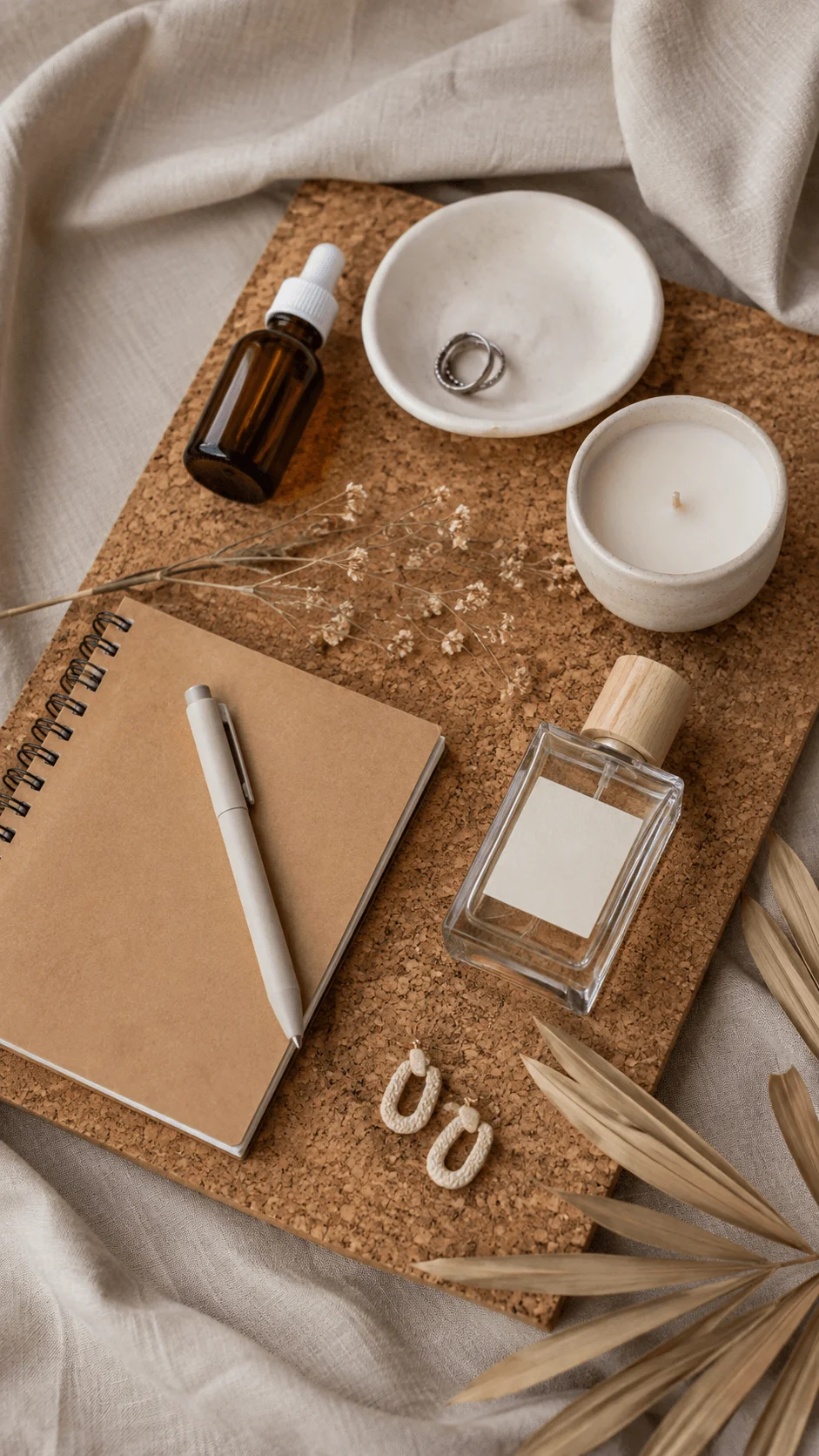 Cork styling board with perfume bottle candle ceramic bowls notebook dried flowers and natural accessories arranged in a sustainable aesthetic photography setup