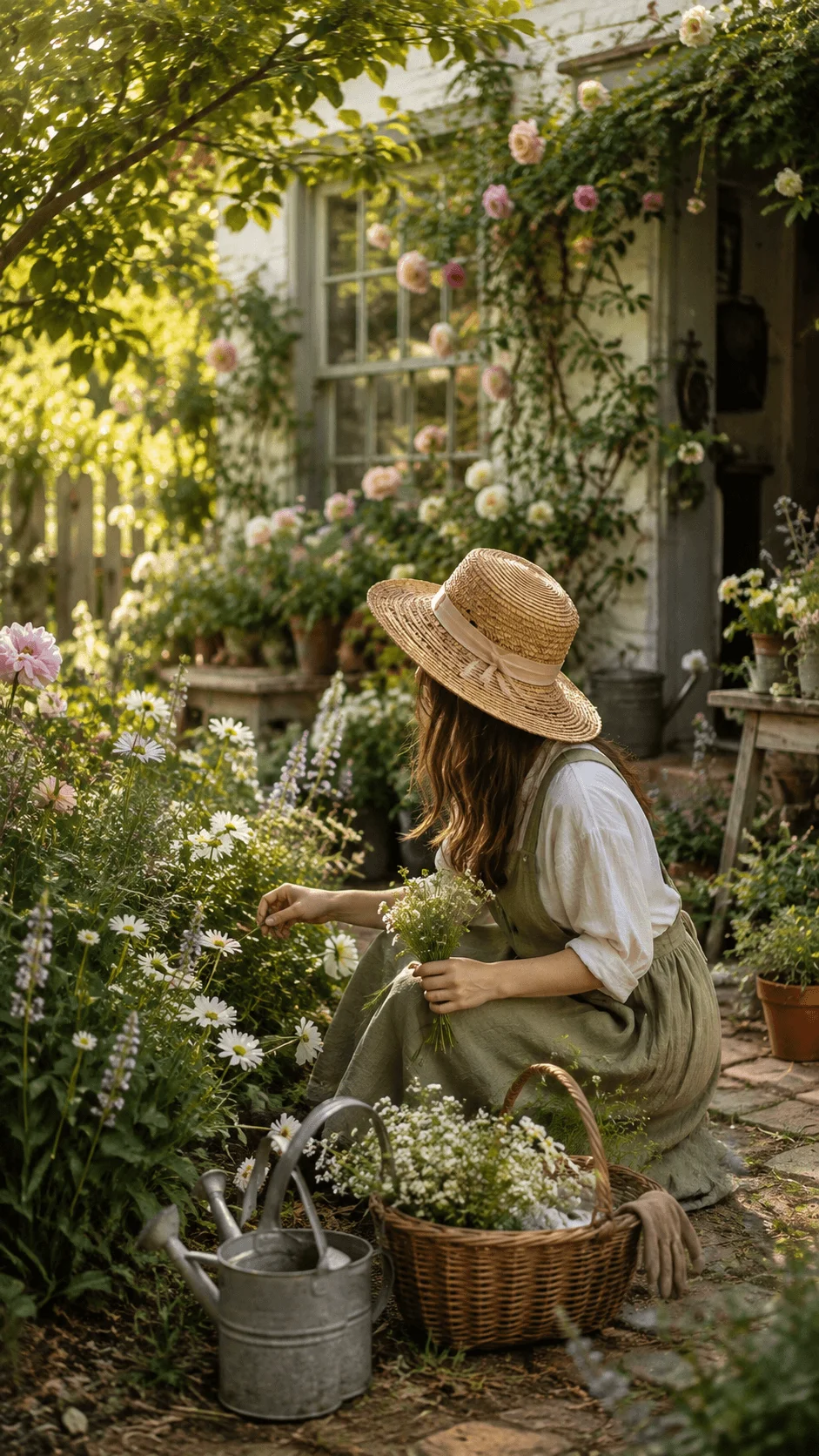 Woman gathering fresh flowers in a sunlit cottage garden with a woven basket and watering can surrounded by blooming daisies and roses.