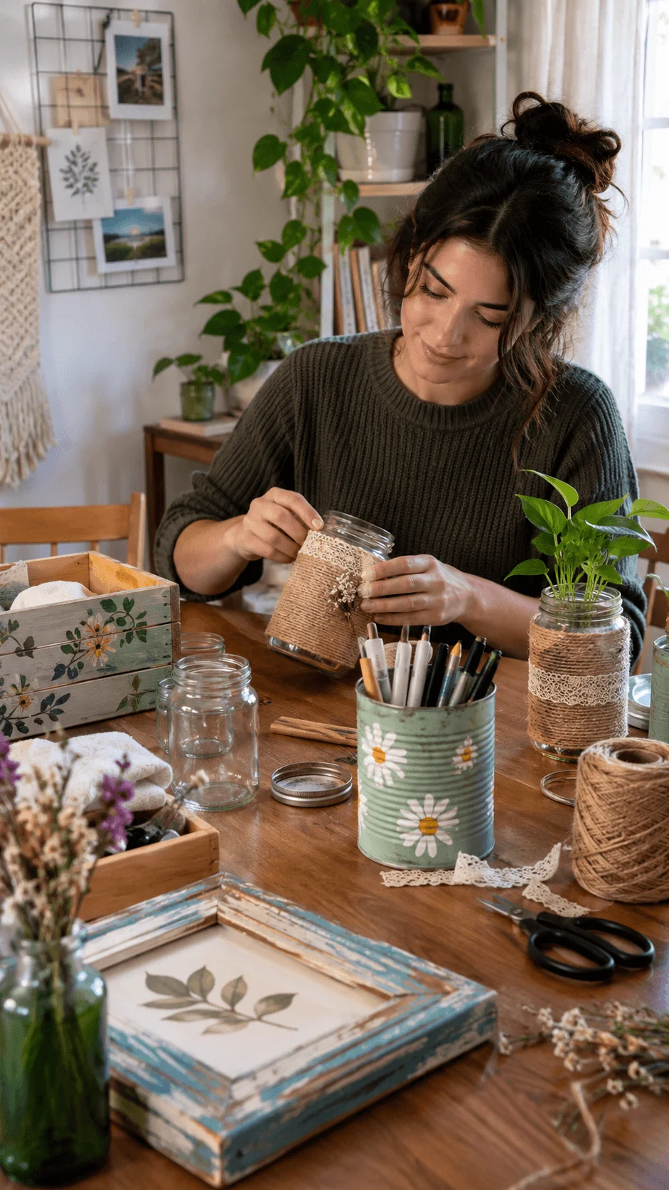 Woman creating upcycled home decor using glass jars, recycled cans, fabric and natural materials at a wooden table