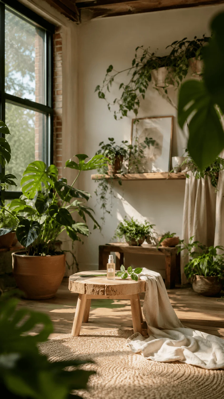 Biophilic photography room with abundant indoor plants, natural sunlight, wooden furniture, woven rug, rustic decor, and a minimalist product styling setup with a small bottle and fabric.