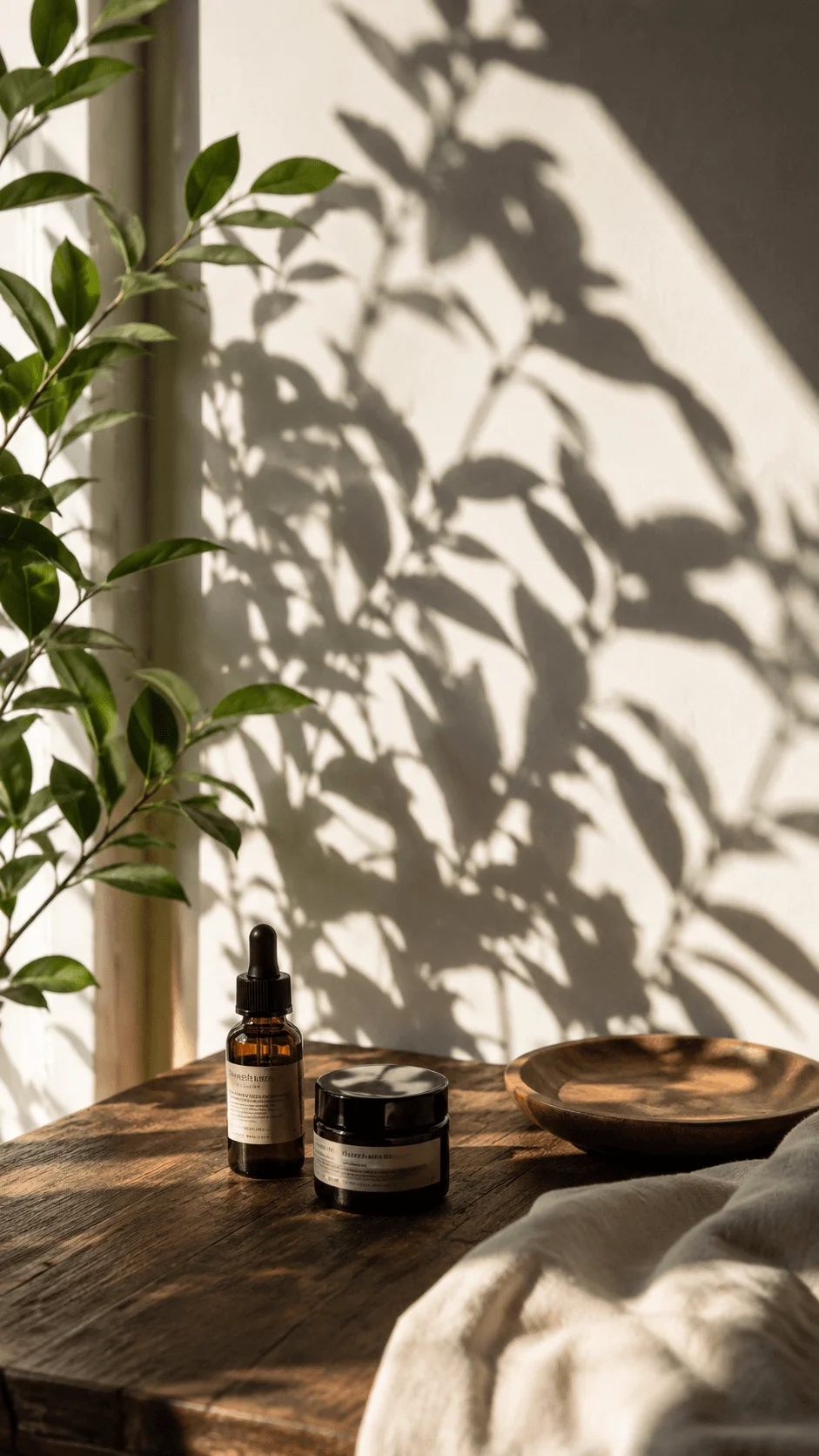 Botanical shadow photography scene with skincare bottles on a rustic wooden table, leafy plant shadows and warm natural sunlight
