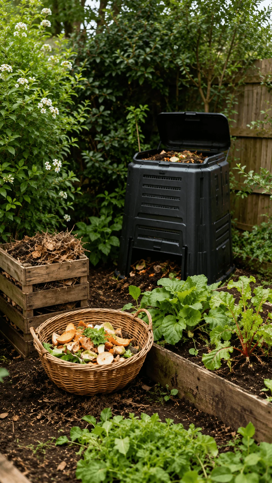 Closed loop compost garden with compost bin food scraps dry leaves raised vegetable beds and lush green plants
