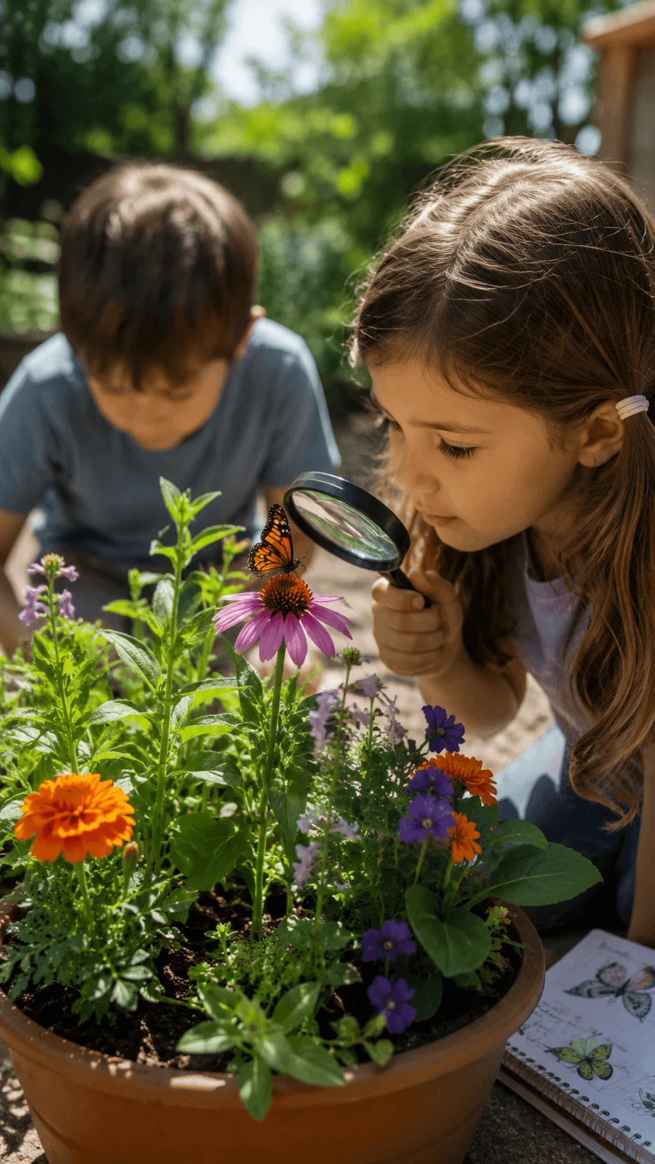 Children observing a butterfly with a magnifying glass in a colorful container pollinator garden filled with blooming flowers