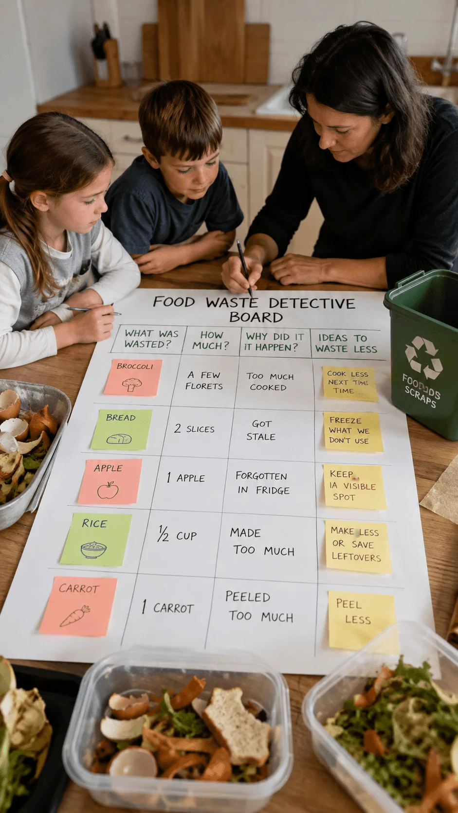 Family food waste detective board with children learning how to reduce kitchen food waste