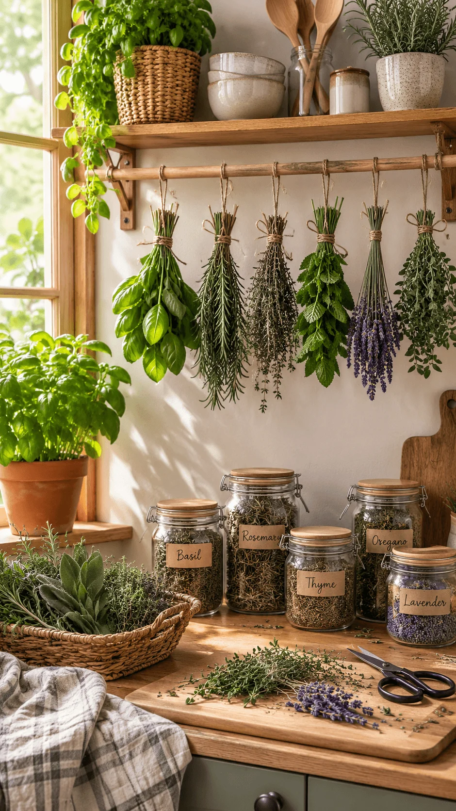 Home herb drying station with fresh and dried basil rosemary thyme oregano and lavender in jars and hanging bundles