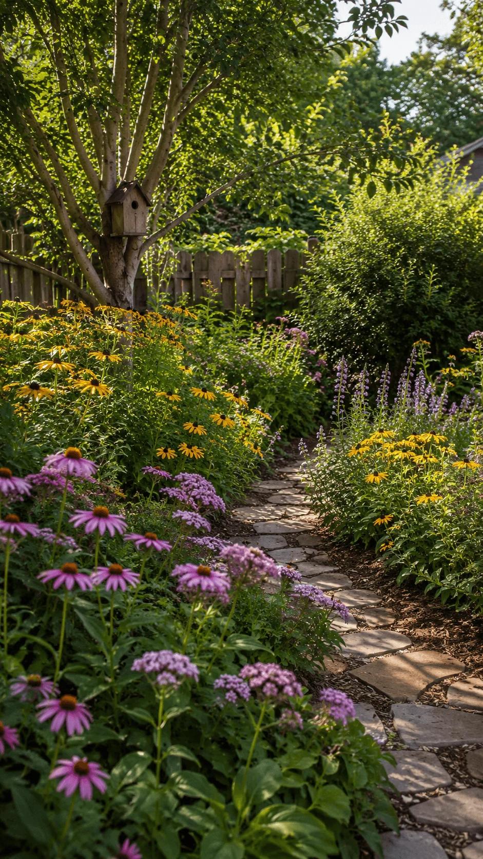 Keystone native plant garden with purple coneflowers, yellow black eyed Susans, flowering perennials, shrubs, mature tree, birdhouse, and natural stone path