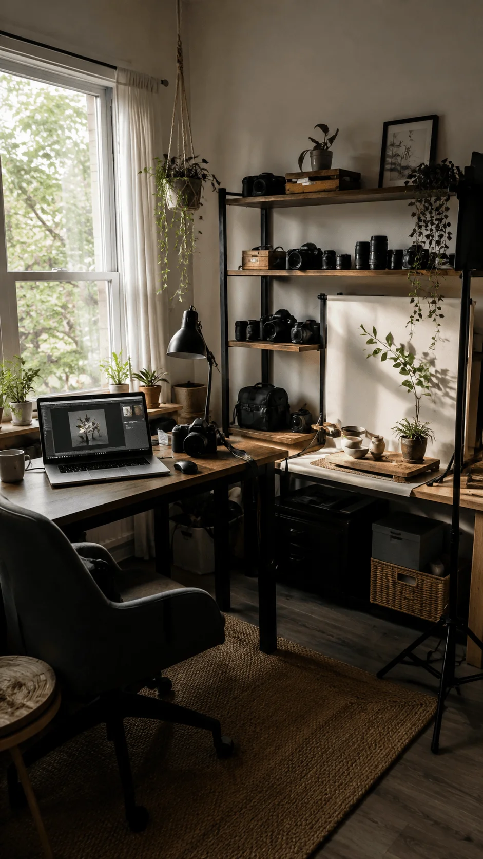 Low energy creative photography corner with natural window light, camera equipment, laptop workstation, plants and wooden shelving