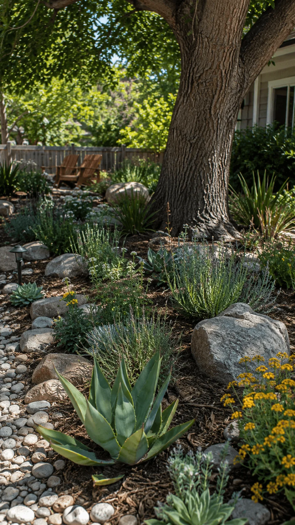 Low water tree garden with drought tolerant plants succulents ornamental grasses natural rocks mulch and a pebble pathway