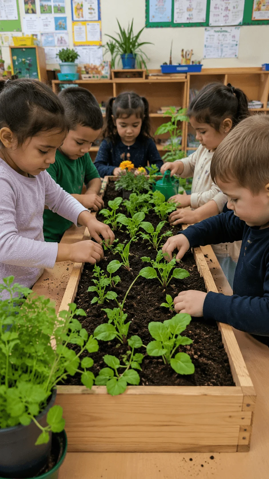 Children creating a mini classroom garden by planting and caring for vegetables and flowers in a raised garden bed