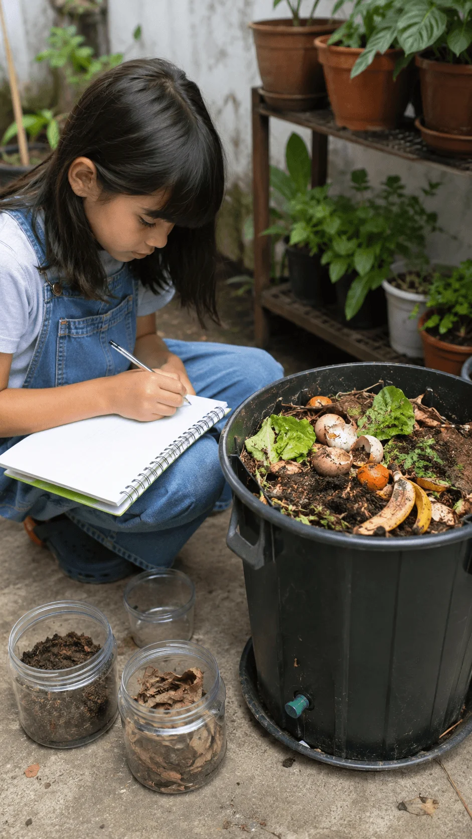 Child observing a mini compost bin with food scraps and soil while taking notes in a garden setting