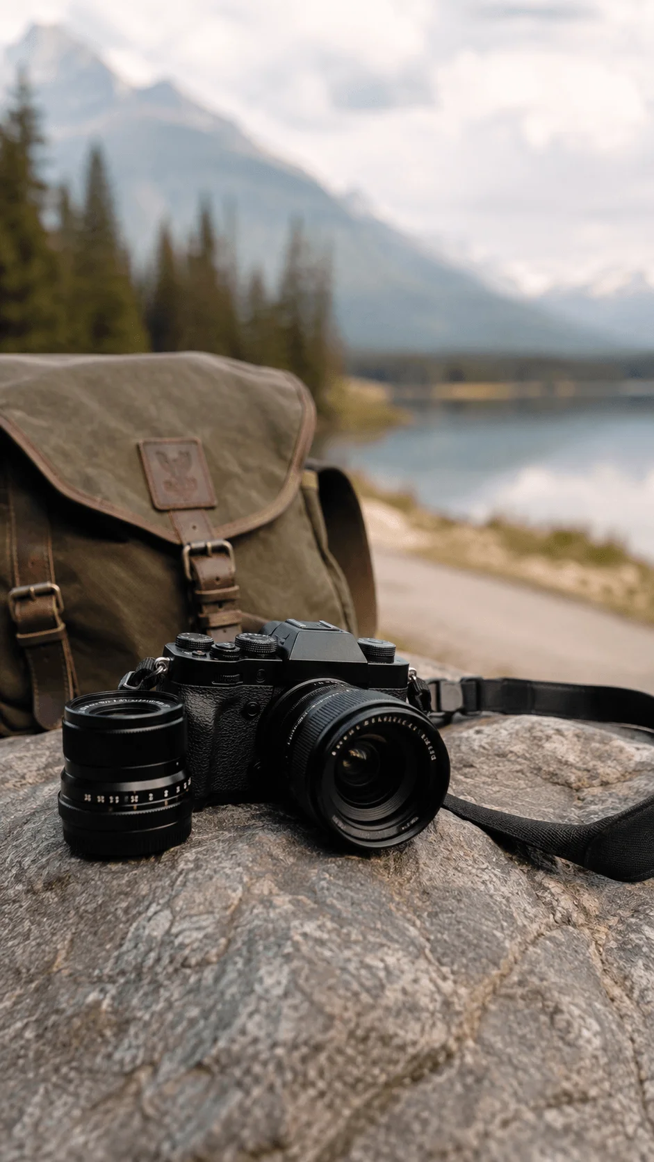 Minimalist camera setup with one camera and one lens on a rock beside a camera bag overlooking a mountain lake and forest landscape