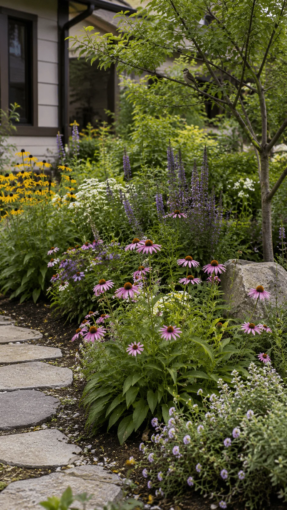 Native plant garden with colorful wildflowers flowering perennials stone pathway leafy tree and small bird beside a modern home