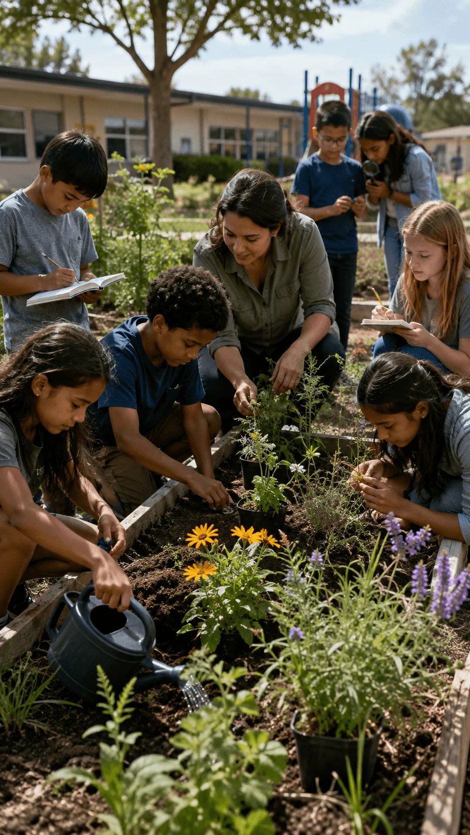 Students creating a native plant school garden by planting flowers watering plants and recording observations with teacher guidance