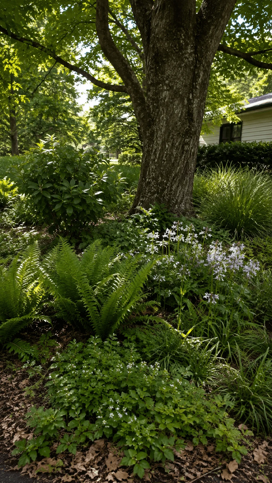 Native woodland garden around a mature tree with lush ferns shade tolerant flowering plants ornamental grasses and dense green groundcover