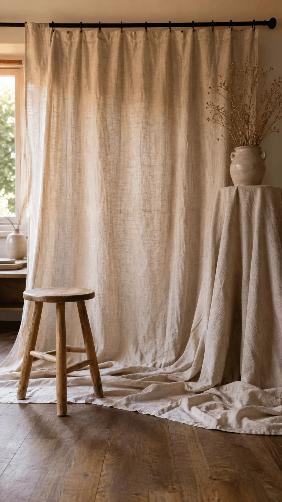 Natural linen photography backdrop corner with a textured fabric curtain, rustic wooden stool, ceramic vase and dried branches in warm natural light