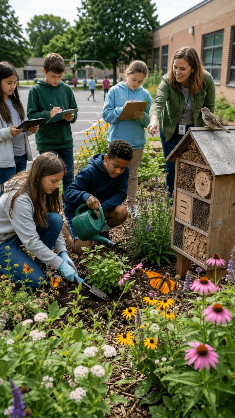 Students creating a pollinator and wildlife habitat by planting flowers watering native plants and observing butterflies birds and insect shelters