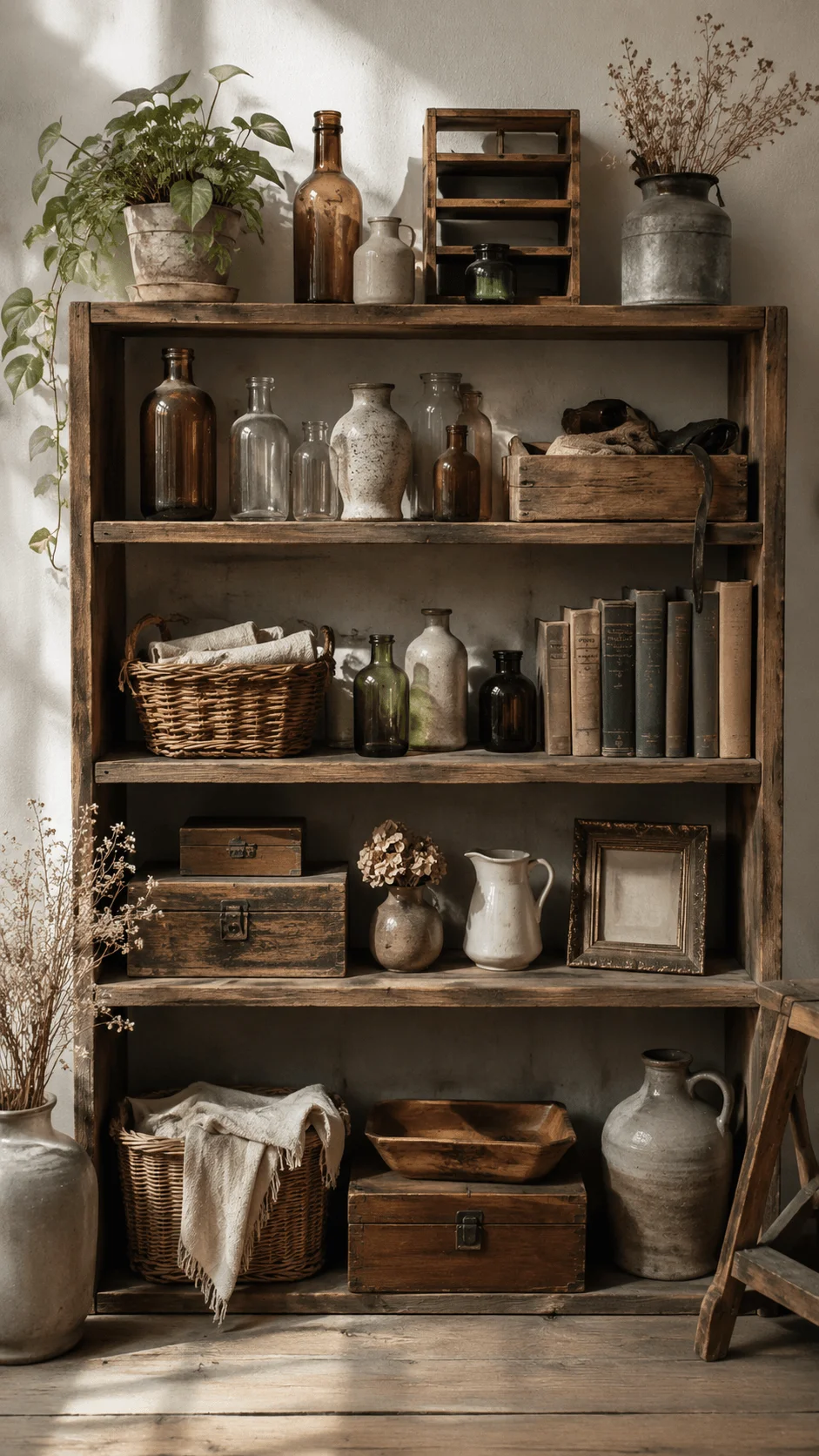 Recycled material prop shelf with vintage glass bottles, wooden crates, woven baskets, ceramic vases and dried plants