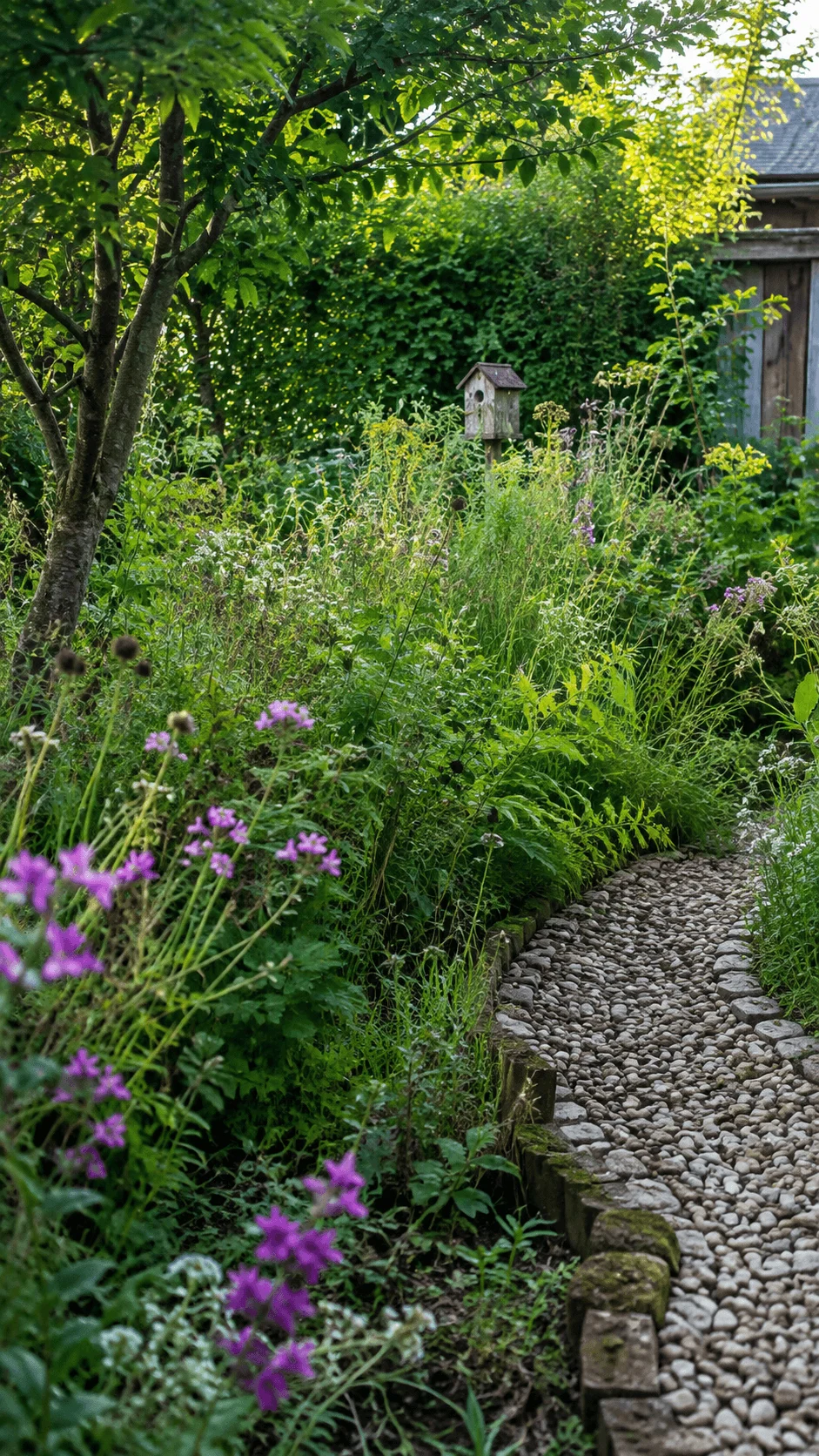 Rewilded garden corner with native wildflowers dense greenery mature tree gravel path and wooden birdhouse