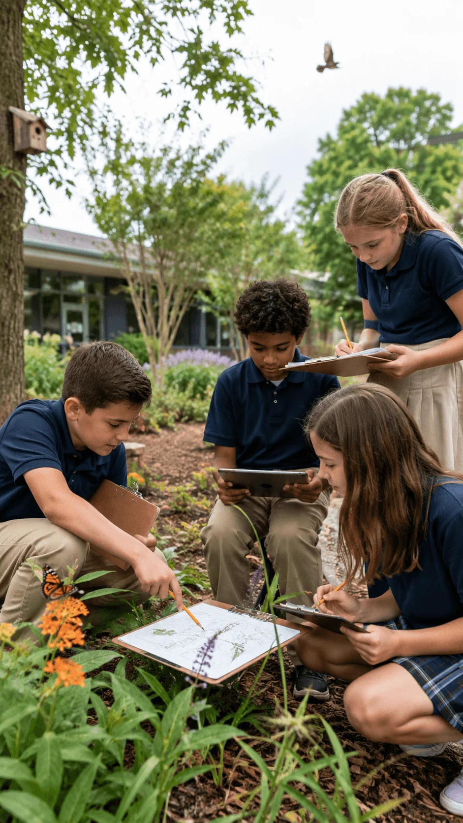Students creating a school biodiversity map by observing plants butterflies birds and other wildlife while recording findings on clipboards and tablets