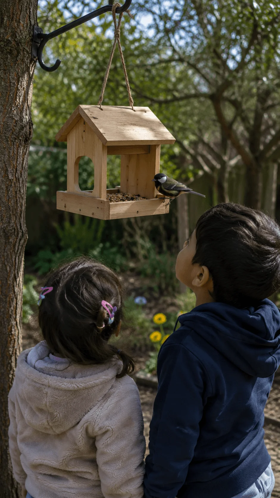 Children observing a bird feeder with a bird eating seeds in a garden