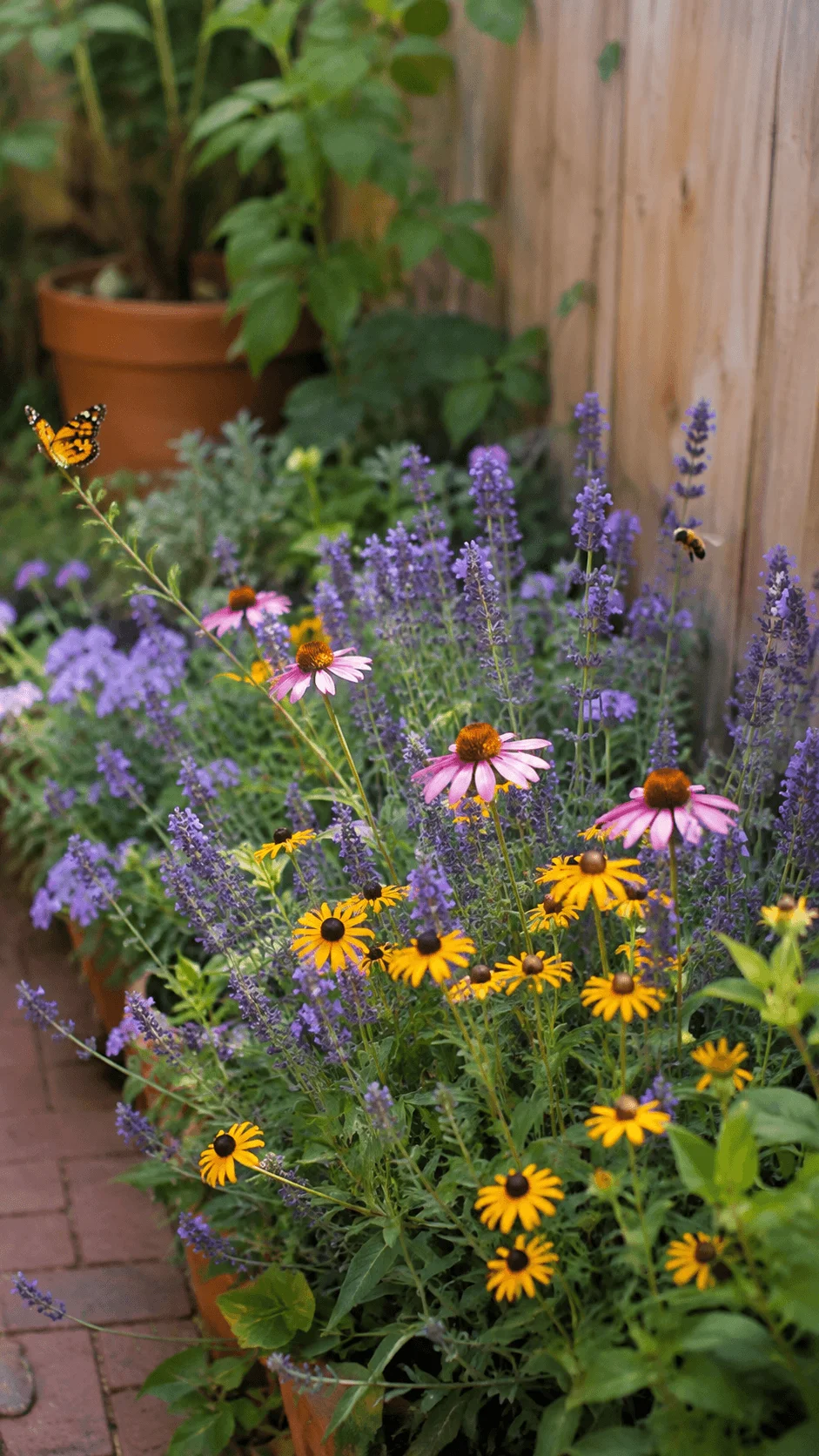 Colorful pollinator friendly garden with wildflowers attracting a butterfly and bee