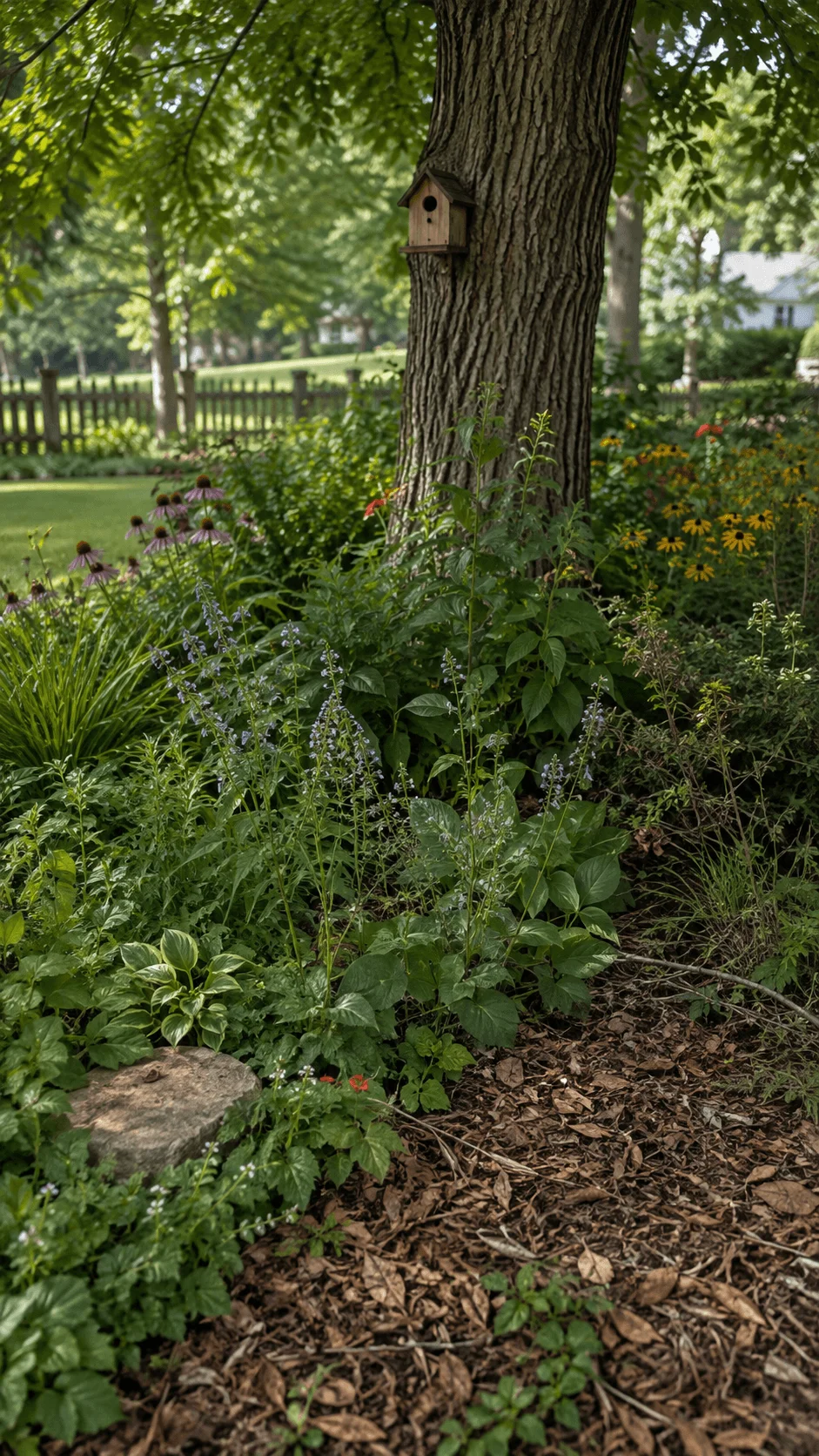 Wildlife habitat garden around a mature tree with native flowers groundcover fallen leaves natural mulch and a wooden birdhouse