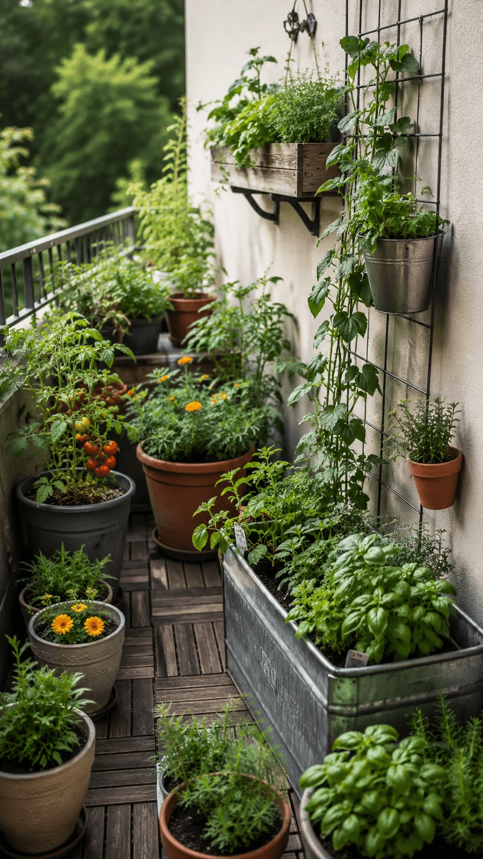 Eco friendly balcony micro garden with container vegetables, tomatoes, herbs, flowers, vertical climbing plants, and raised planters