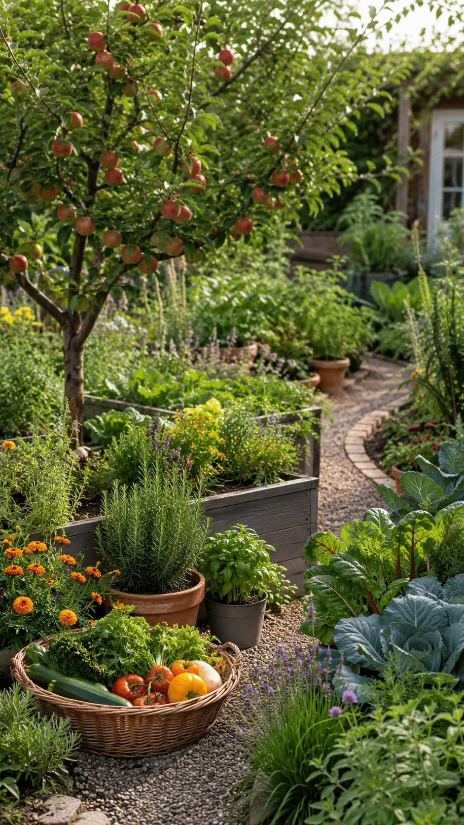 Eco friendly edible landscape with apple tree, raised vegetable beds, herbs, leafy greens, flowering plants, gravel path, and a basket of fresh garden produce