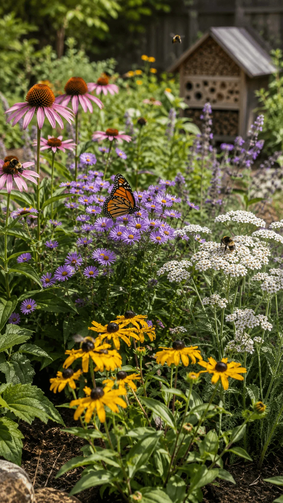 Eco friendly pollinator garden with purple coneflowers, black eyed Susans, asters, white yarrow, bees, monarch butterfly, and an insect hotel