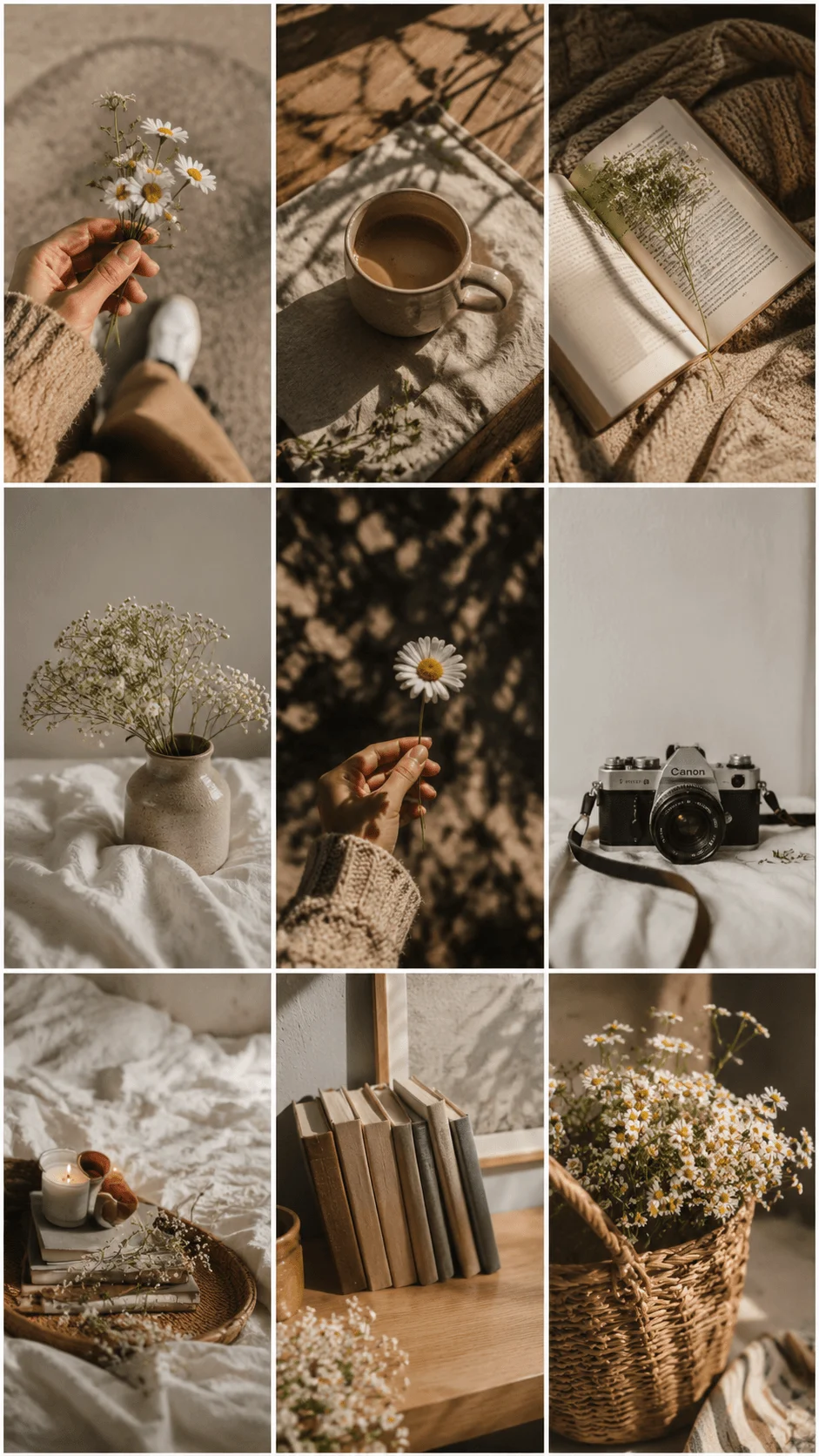 Cohesive visual storytelling photography series featuring flowers, coffee, books, vintage camera, natural textures, and warm earth tones.