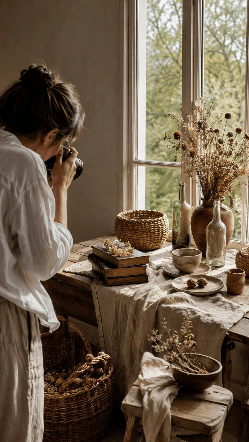 Photographer capturing a rustic still life scene with vintage decor beside a sunlit window using natural light