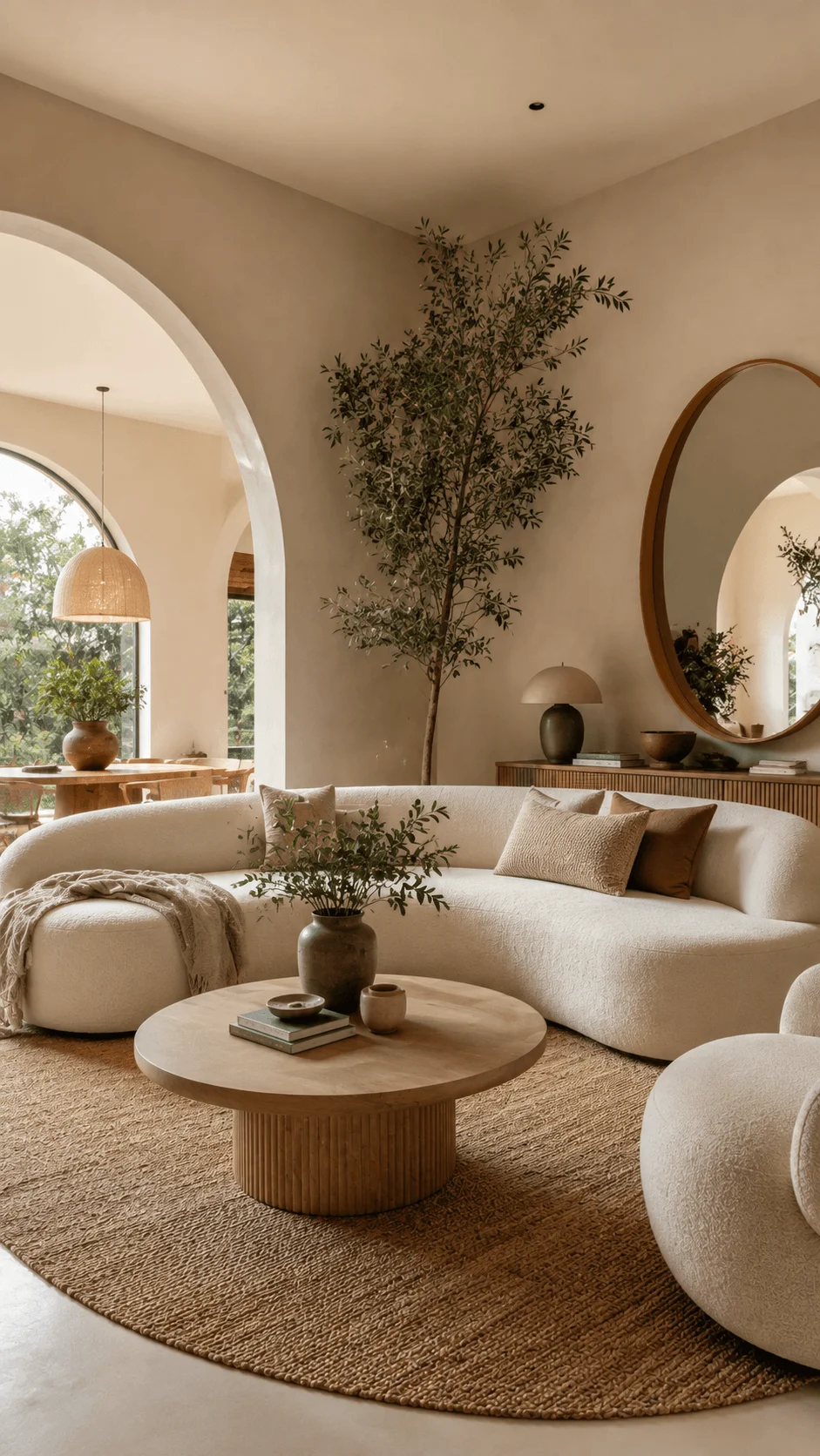 Curved architecture interior with rounded sofa circular coffee table arched doorways indoor plants and natural textures in a modern sustainable home design