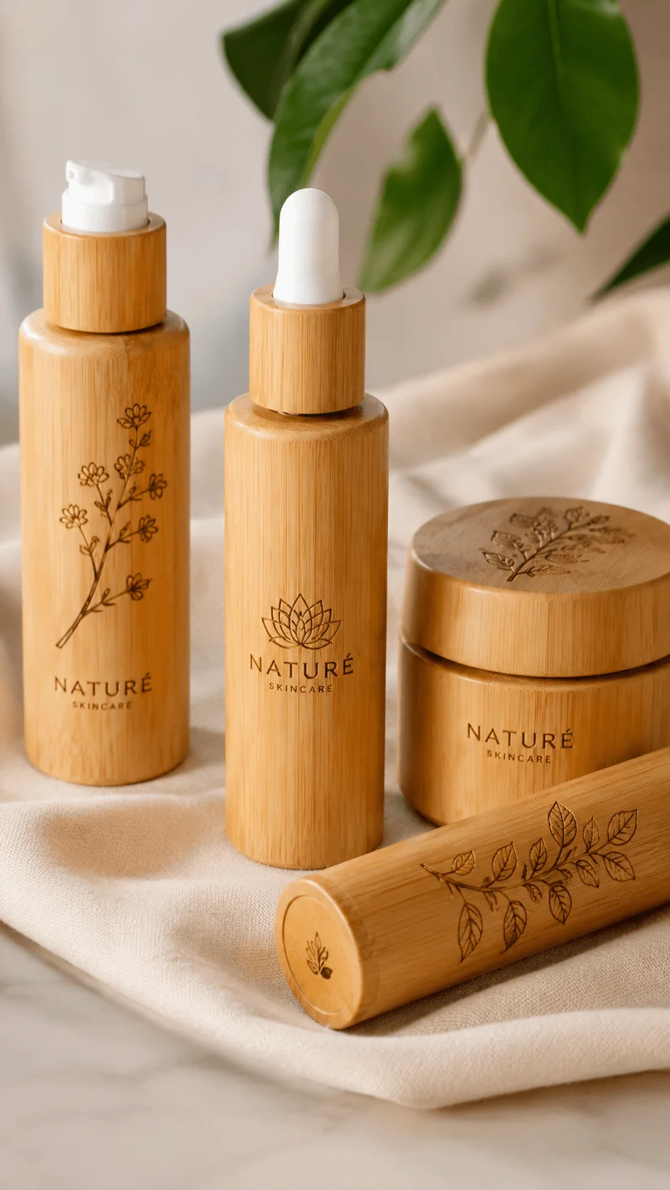 Custom bamboo cosmetic packaging with laser engraved skincare bottles jar and tube featuring botanical designs