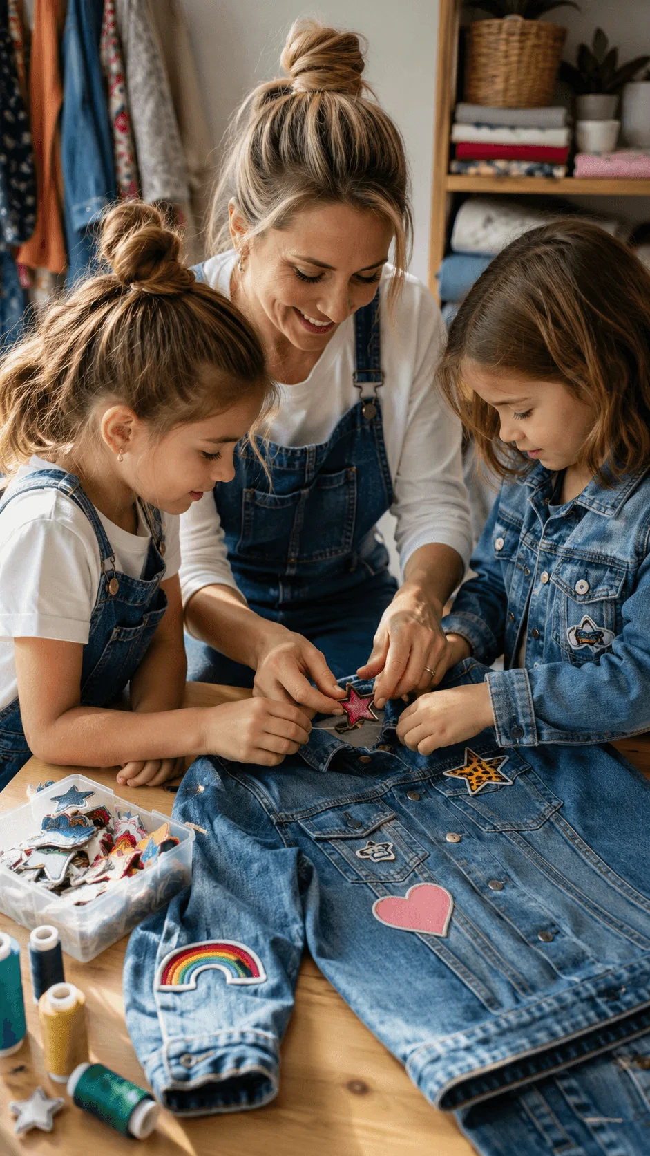 Mother and two children customizing a denim jacket with colorful fabric patches for a sustainable kids outfit