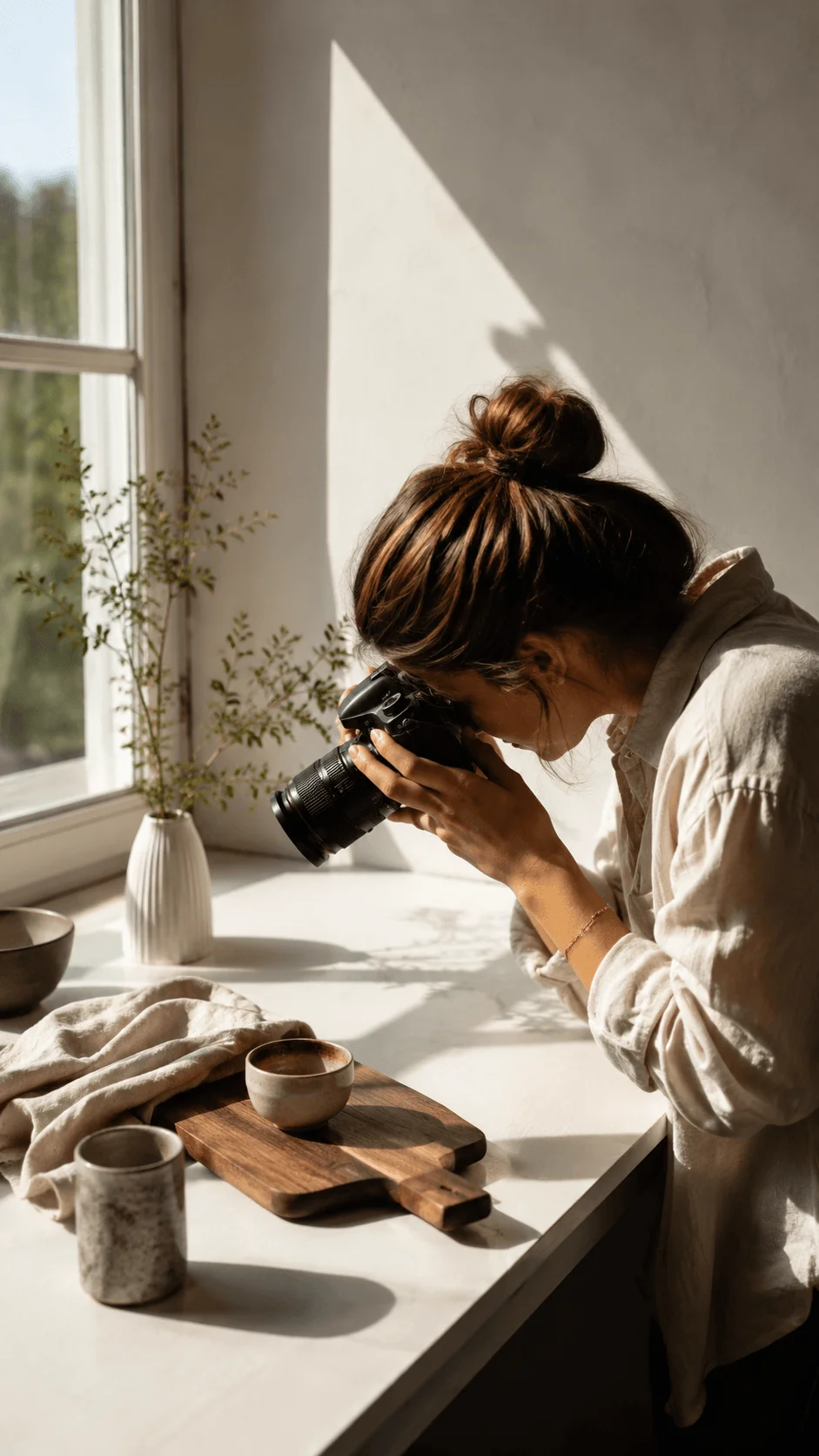 Daylight photography setup with a photographer capturing a cozy scene beside a sunlit window, featuring natural light, ceramic cups, a wooden board, and soft neutral textiles