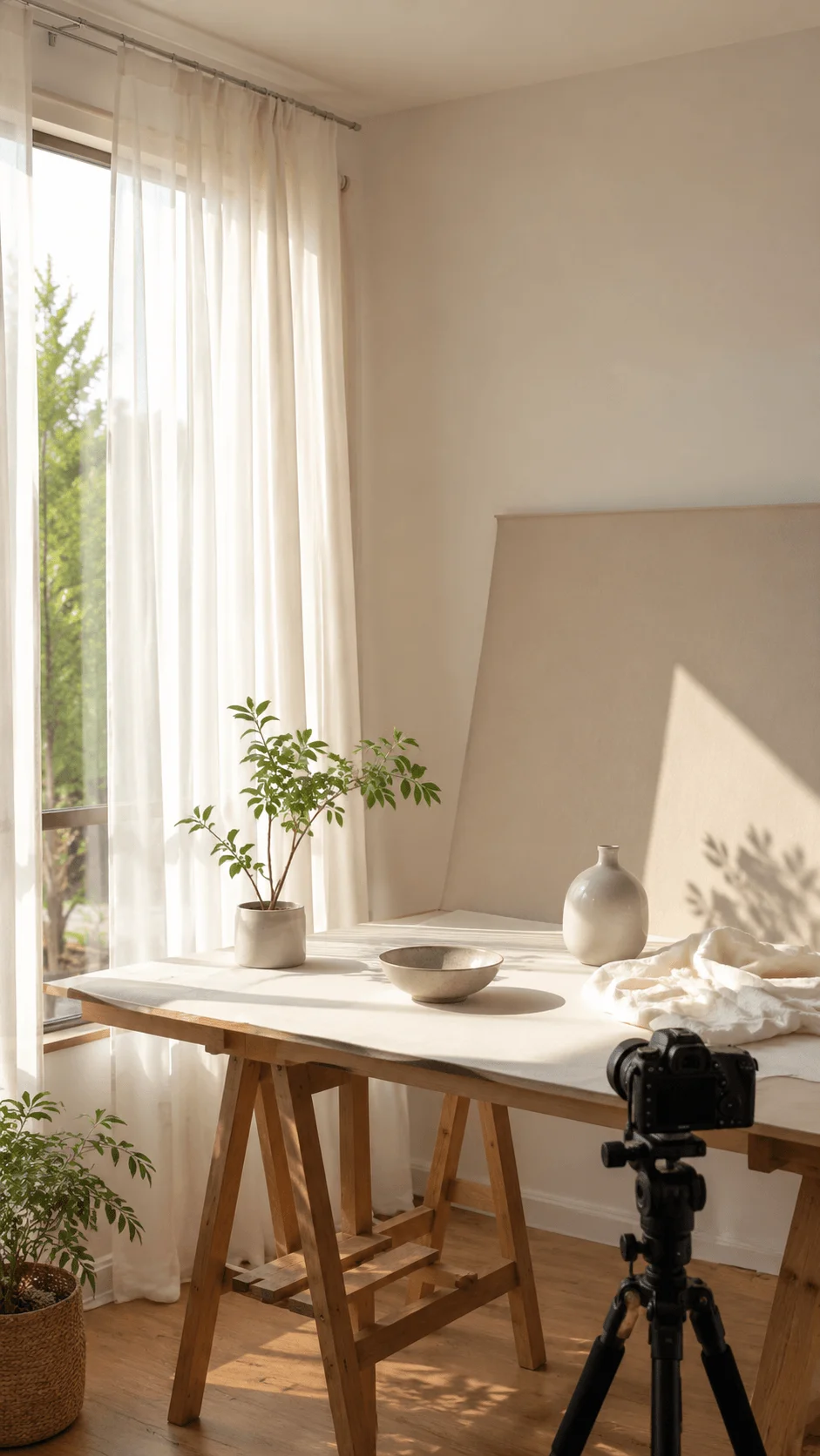Warm natural light photography studio with a wooden table, potted plants, neutral decor, soft curtains and a camera on tripod