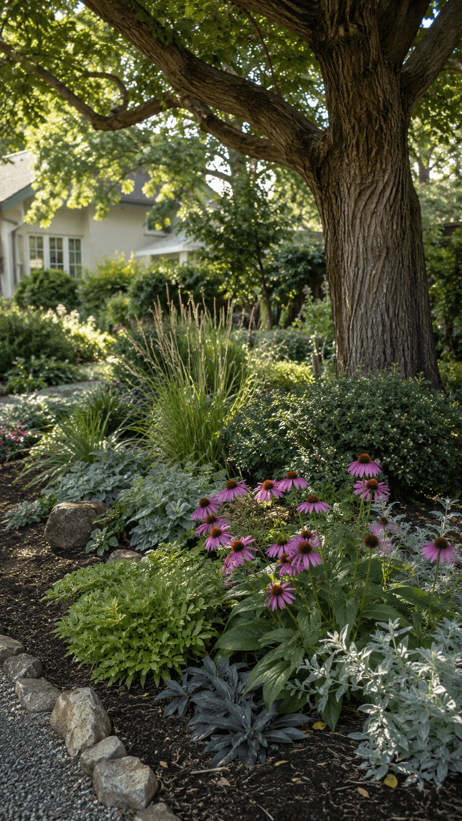 Climate resilient garden around a mature tree with drought tolerant flowers ornamental grasses groundcover natural mulch and stone edging