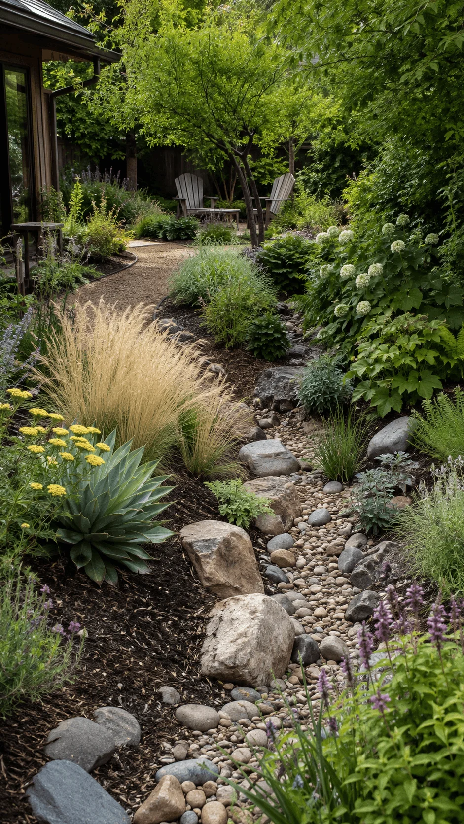 Climate resilient garden with drought tolerant plants, ornamental grasses, flowering shrubs, mature trees, natural mulch, and a dry creek bed filled with stones