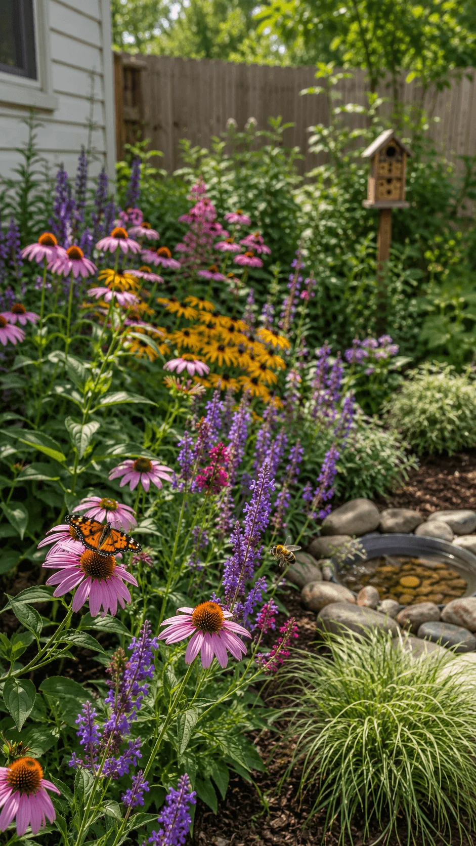 Pollinator friendly garden with purple coneflowers yellow black eyed Susans lavender blooms butterfly bee small pond and wooden insect hotel