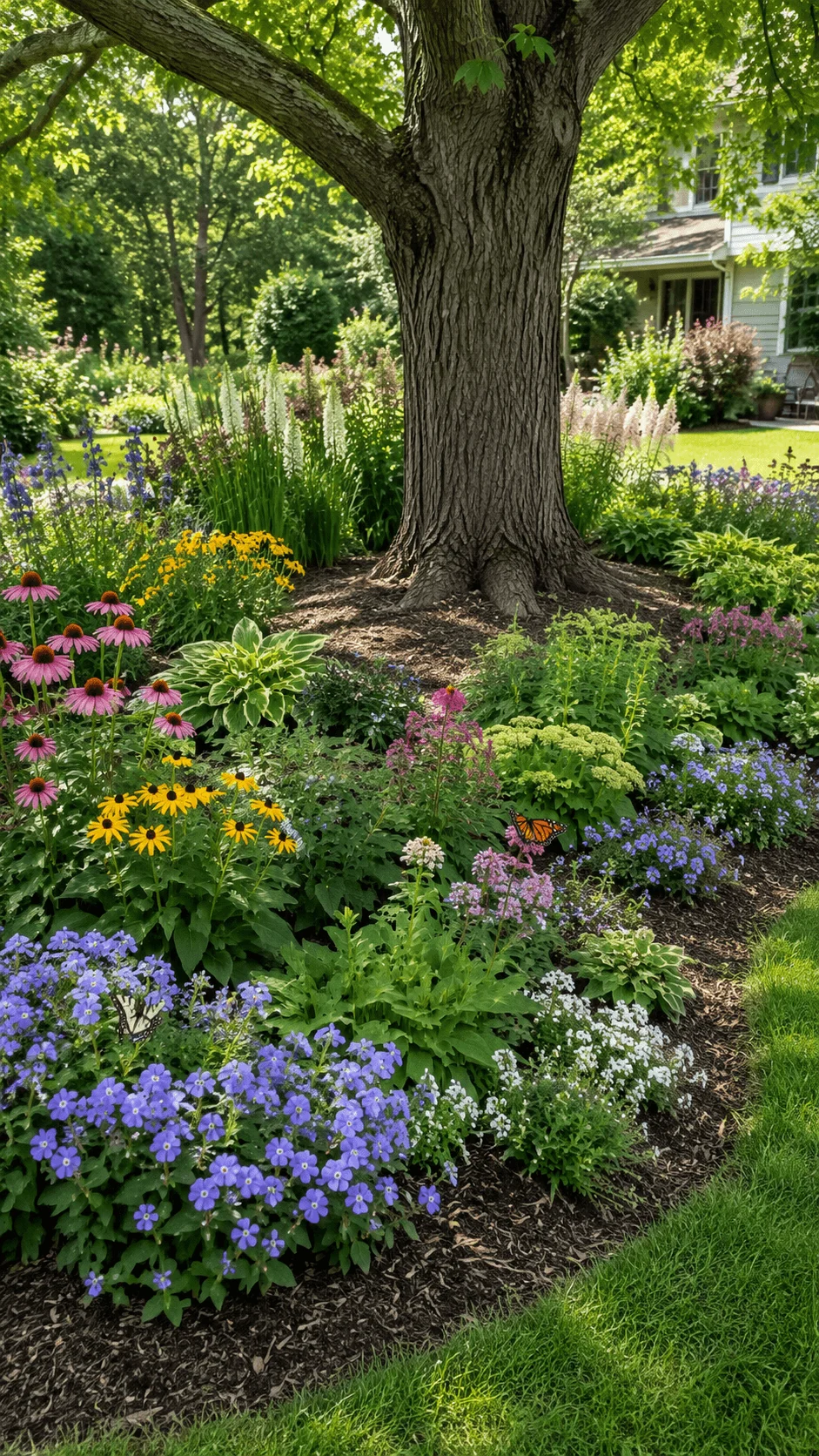 Pollinator garden under a mature tree with colorful coneflowers black eyed Susans blue flowers lush groundcover and butterflies