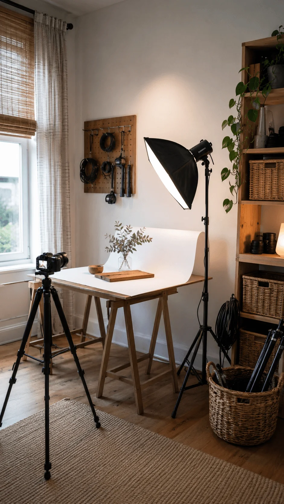 Energy efficient LED photography corner with softbox lighting, natural wood furniture, daylight window and woven storage baskets