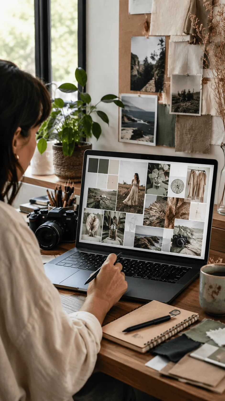 Photographer creating a digital mood board on laptop with camera, printed photos, natural textures and creative planning materials in a sustainable workspace
